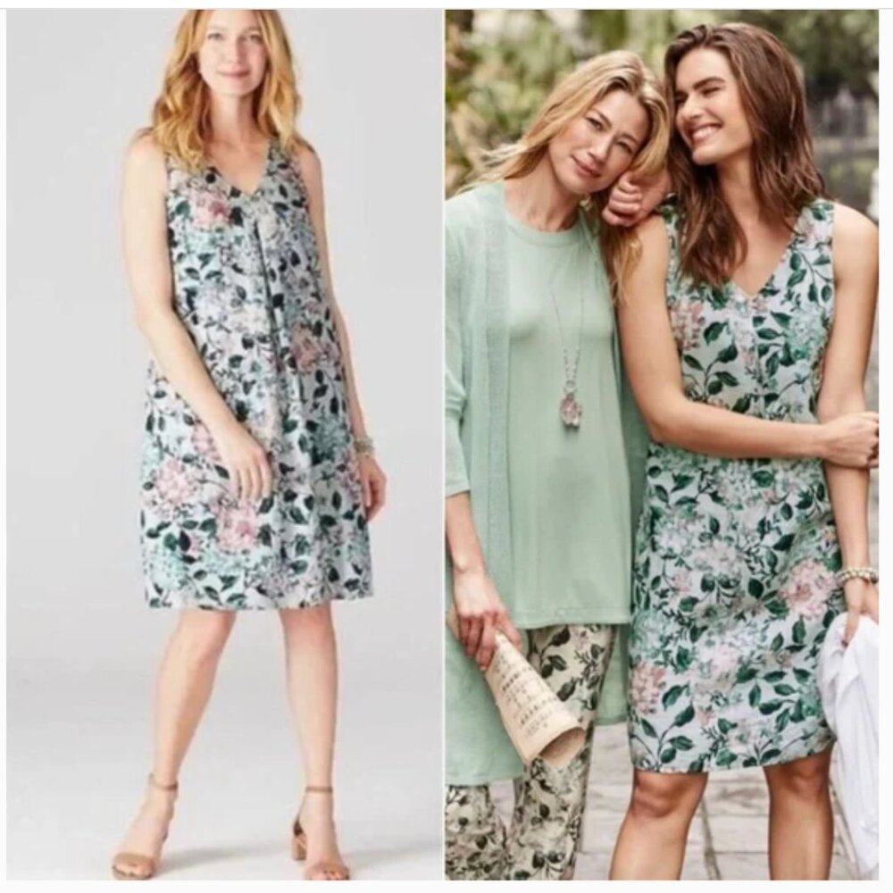 J. Jill Love Linen Breezy A-Line V-Neck Sleeveless Dress Sea Glass Hydrangea XL